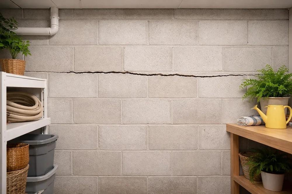 Concrete wall being repaired to correct horizontal movement